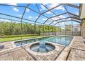 Screened pool and hot tub with lush greenery, brick pavers, and blue sky in the background at 1191 Darlington Oak Ne Dr, St Petersburg, FL 33703