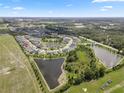 Expansive aerial view of the neighborhood, showcasing lush greenery, serene ponds, and neatly arranged homes, community living at 12481 Aston Dr, Hudson, FL 34669