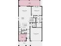 Layout of the first floor of the home, including kitchen, living areas, primary suite, and a two car garage at 33306 Castaway Loop, Wesley Chapel, FL 33543