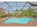 Screened in pool with stone waterfall feature and lush landscaping overlooking the green golf course and blue sky at 1723 Pacific Dunes Dr, Sun City Center, FL 33573