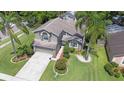 Beautiful home with lush landscaping, a long driveway, and mature palm trees at 4047 Eagle Cove West Dr, Palm Harbor, FL 34685