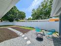 The backyard offers a fire pit with chairs, with views of the grassy area behind the fence at 1416 55Th N Ave, St Petersburg, FL 33703