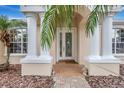 Home's front entrance, showing the double glass doors with brick pavers, white columns and tropical landscaping at 10734 Banfield Dr, Riverview, FL 33579