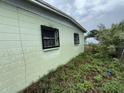 Light green single-story home with dark window bars and overgrown yard at 4920 S 82Nd St, Tampa, FL 33619