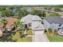 Aerial shot showcasing a home with a lake view, mature trees and a two-car garage at 10435 Deerberry Dr, Land O Lakes, FL 34638