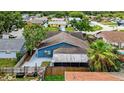 Aerial shot showcases the blue home's roof, screened patio, and fenced backyard in a lush neighborhood at 11320 Partridge Dr, Tampa, FL 33625