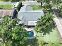 An aerial view showing the home's roof, pool, and backyard with lush landscaping and mature trees at 11525 Country Oaks Dr, Tampa, FL 33618