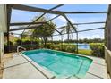 Screened-in pool surrounded by lush landscaping with a peaceful lake in the background at 11613 Sunshine Pond Rd, Tampa, FL 33635