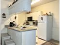 Compact kitchen featuring white cabinetry, modern appliances, and a functional breakfast bar at 16511 Enclave Village Dr # 107, Tampa, FL 33647