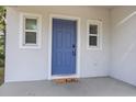 Close-up of a blue front door with white trim and a 'hello' welcome mat on the porch at 4312 E Shadowlawn Ave, Tampa, FL 33610