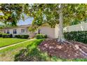 Single-story home with inviting walkway, manicured landscaping, and mature shade tree in yard at 50 Ingrid Pl # 50, Oldsmar, FL 34677