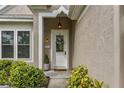 Charming front entrance boasting a decorative glass door, well-manicured shrubs, and a welcoming ambiance at 9327 Hunters Park Way, Tampa, FL 33647