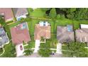 Aerial view of home with screened pool, lush yard and pond at 9813 Woodbay Dr, Tampa, FL 33626