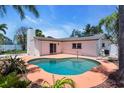 Backyard kidney pool with a concrete surround framed by tropical landscaping, ideal for outdoor living and relaxation at 11490 48Th N Ave, St Petersburg, FL 33708