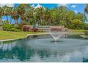 Pond and water fountain at Highland Lakes Active Adult Golf Community entrance at 1401 Camelot Ct, Palm Harbor, FL 34684
