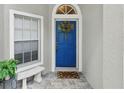 Inviting front entrance featuring a vibrant blue door, decorative wreath and neutral tile at 3101 Beaver Pond Trl, Valrico, FL 33596