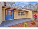 Close-up of home's entrance with a blue door, matching flower bed, and textured wall at 5749 Southernview Dr, Zephyrhills, FL 33541