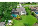 Aerial view of a private backyard with a screened pool, hot tub, outdoor seating area, and lush greenery at 2806 Fairway View Dr, Valrico, FL 33596