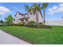 A well-maintained front yard with lush grass and trimmed bushes leading up to a home with palm trees at 33075 Kateland Dr, Wesley Chapel, FL 33545