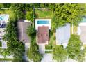 Aerial view of a home with a backyard pool, mature trees, and well-maintained landscaping at 346 Gray Oak Dr, Tarpon Springs, FL 34689