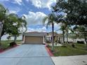Charming single-story home featuring a well-manicured lawn, complemented by lush tropical landscaping and a two car garage at 3501 Pine Top Dr, Valrico, FL 33594