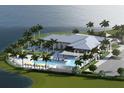 Aerial view of a modern clubhouse with a pool, umbrellas, lounge chairs, parking, and landscaped greenery near a lake at 18421 Vista Park Ter, Venice, FL 34293