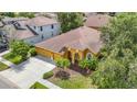 Aerial view of a well-maintained home with a lush lawn, mature trees, and an expansive driveway at 3824 Duke Firth St, Land O Lakes, FL 34638