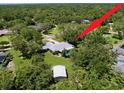 Aerial view of a cozy home surrounded by lush greenery, featuring a pool, shed and lovely landscaping at 1861 Royal Oak E Pl, Dunedin, FL 34698