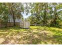 A backyard scene showing a weathered storage shed set amongst mature trees and grassy terrain at 214 W Hanna Ave # A, Tampa, FL 33604