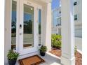 Stylish front entrance features glass door, potted plants, and neutral color scheme at 803 Oak Bend Ln, Dunedin, FL 34698