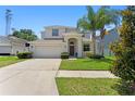 Attractive home features a two-car garage, inviting entrance, and mature palm trees at 10216 Summer Azure Dr, Riverview, FL 33578