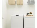 Clean laundry area equipped with a modern washing machine and dryer, plus wire shelves for organization at 10343 Gentle Rain Dr, Land O Lakes, FL 34638