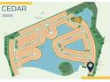 Aerial map of the community featuring ponds, walking trails, and neighborhood streets and plot numbers at 2522 Charter Oak Dr, North Port, FL 34289