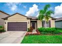Inviting curb appeal with a lush green lawn, colorful landscaping, and a cozy front entrance at 5003 Wabash Pl, Riverview, FL 33578