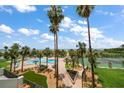 Scenic view of the community pool area surrounded by palm trees and lush landscaping at 1230 Gulf Blvd # 304, Clearwater, FL 33767