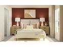 Comfortable bedroom with warm accent wall, plush bedding, and complementary furnishings at 32046 Griffin Sands Ln, San Antonio, FL 33576