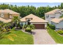 An aerial shot showing the house, manicured lawns, paver driveway, and tropical landscaping at 10880 Cory Lake Dr, Tampa, FL 33647