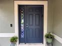 Elegant front door with decorative glass sidelight and green plants at 15421 Shoal Haven Pl, Ruskin, FL 33573