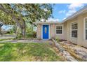 Close-up view of a bright blue front door with decorative glass, flanked by stone accents and a well-maintained lawn at 3641 Coppertree Cir, Brandon, FL 33511