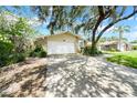 Single-story home featuring a large driveway, white garage door, stone accents, and mature tree providing ample shade at 3641 Coppertree Cir, Brandon, FL 33511