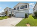 Two-story home featuring blue shutters, a two-car garage, and a well-maintained lawn at 10580 Gliding Eagle Way, Land O Lakes, FL 34638