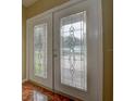 Close up of the front doors with decorative glass panels and bronze hardware at 14047 Briardale Ln, Tampa, FL 33618