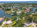 Wide aerial view of waterfront property with dock, boat lift, and mature trees at 560 Bosphorous Ave, Tampa, FL 33606