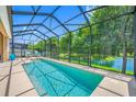 Inviting screened-in pool with clear blue water, surrounded by lush greenery and views of the lake at 1242 Windy Bay Shl, Tarpon Springs, FL 34689