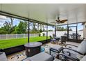 Covered patio area with comfortable seating, ceiling fan, fire pit, and view of a fenced yard at 12835 Wildflower Meadow Dr, Riverview, FL 33579