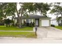 Exterior elevation of a one story home shows a well manicured lawn, mature trees and an attached one car garage at 1423 Birchstone Ave, Brandon, FL 33511