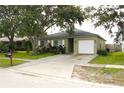Exterior elevation of a one story home shows a well manicured lawn, mature trees and an attached one car garage at 1423 Birchstone Ave, Brandon, FL 33511