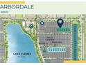 Community map showcasing the location of the sales center, parking, models, and available home sites near Lake Flores at 7621 Highgrove Ave, Bradenton, FL 34210