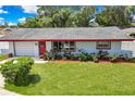 A cozy single-Gathering home with a lush green lawn and a welcoming front door with wreath at 1809 Chinaberry Dr, Oldsmar, FL 34677