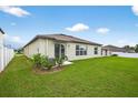 View of the back of the home featuring an ample yard space and newly installed white vinyl fencing at 36618 Garden Wall Way, Zephyrhills, FL 33541